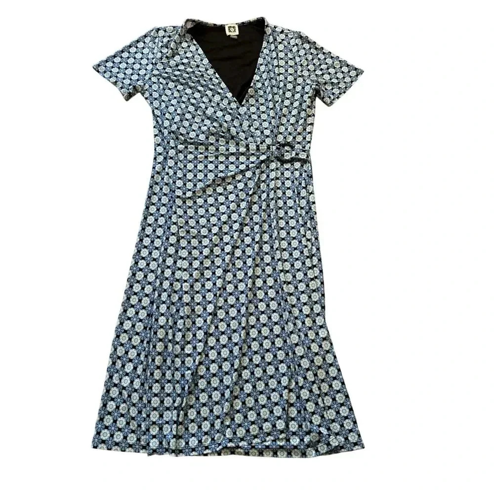 Anne Klein Navy and White Floral Faux-Wrap Midi Dress